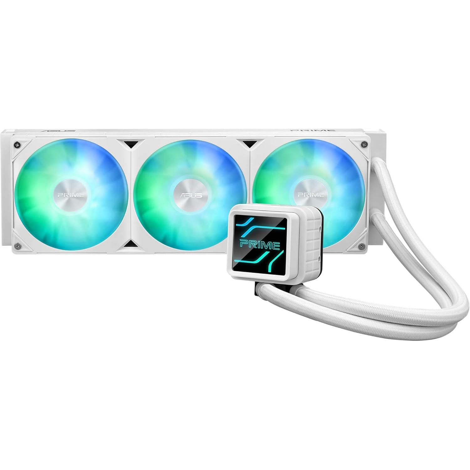 A large main feature product image of ASUS PRIME LC 360 ARGB 360mm AIO Liquid CPU Cooler - White