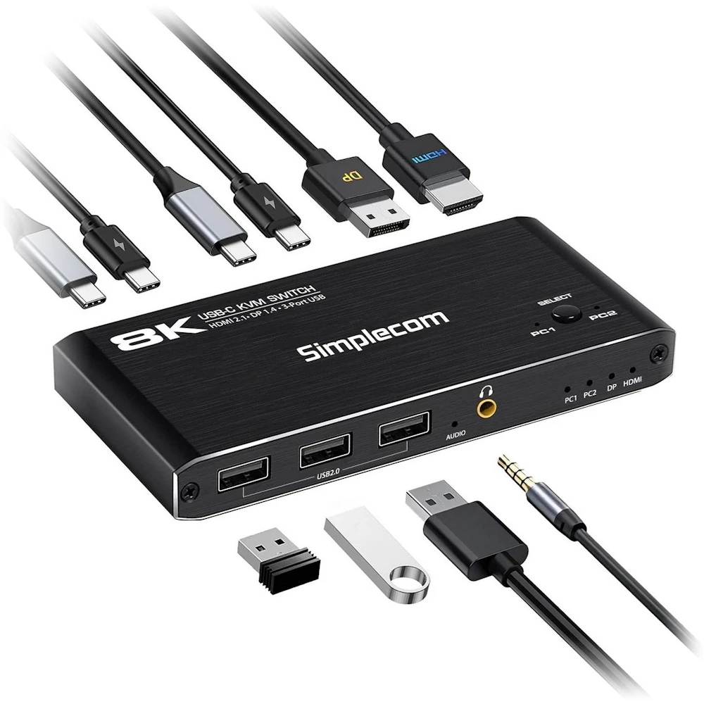 Simplecom KM470 2-Port USB-C KVM Switch 8K Docking Station with 100w Power Delivery