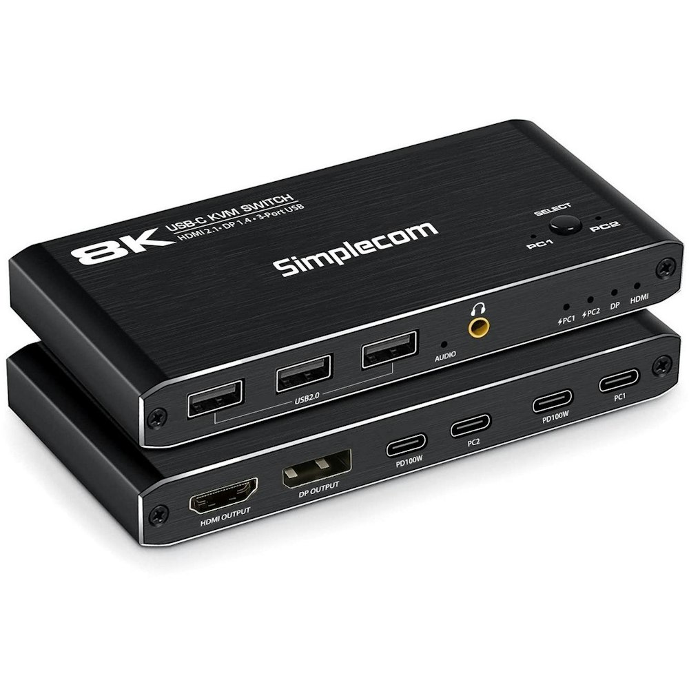 A large main feature product image of Simplecom KM470 2-Port USB-C KVM Switch 8K Docking Station with 100w Power Delivery