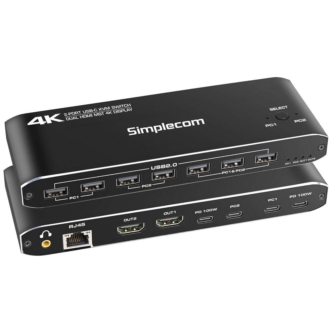 A large main feature product image of Simplecom KM590 USB-C Dual 4K HDMI Monitor KVM Switch and Docking Station with 100w Power Delivery
