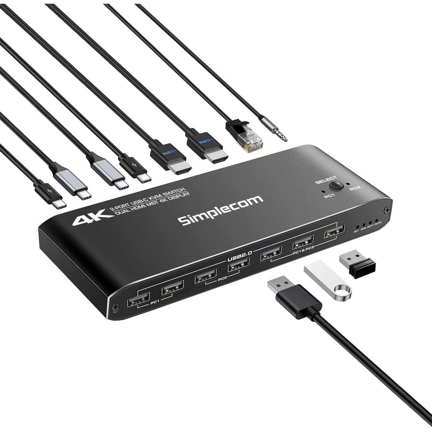 A large main feature product image of Simplecom KM590 USB-C Dual 4K HDMI Monitor KVM Switch and Docking Station with 100w Power Delivery