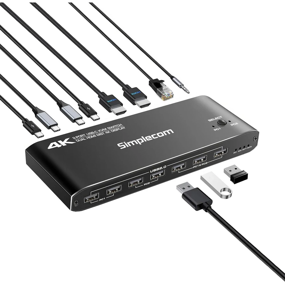 Simplecom KM590 USB-C Dual 4K HDMI Monitor KVM Switch and Docking Station with 100w Power Delivery