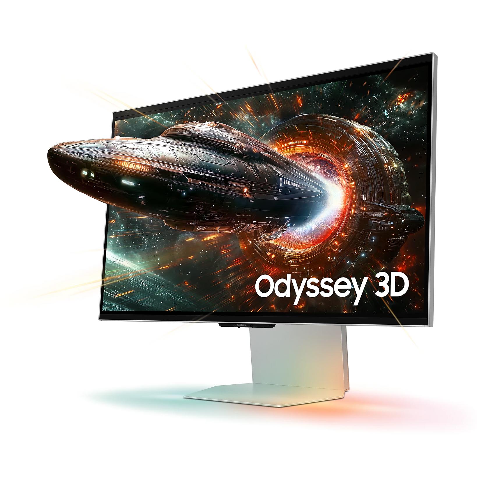 A large main feature product image of Samsung Odyssey 3D G90XF - 27" 4K 2160p 165Hz IPS Gaming Monitor