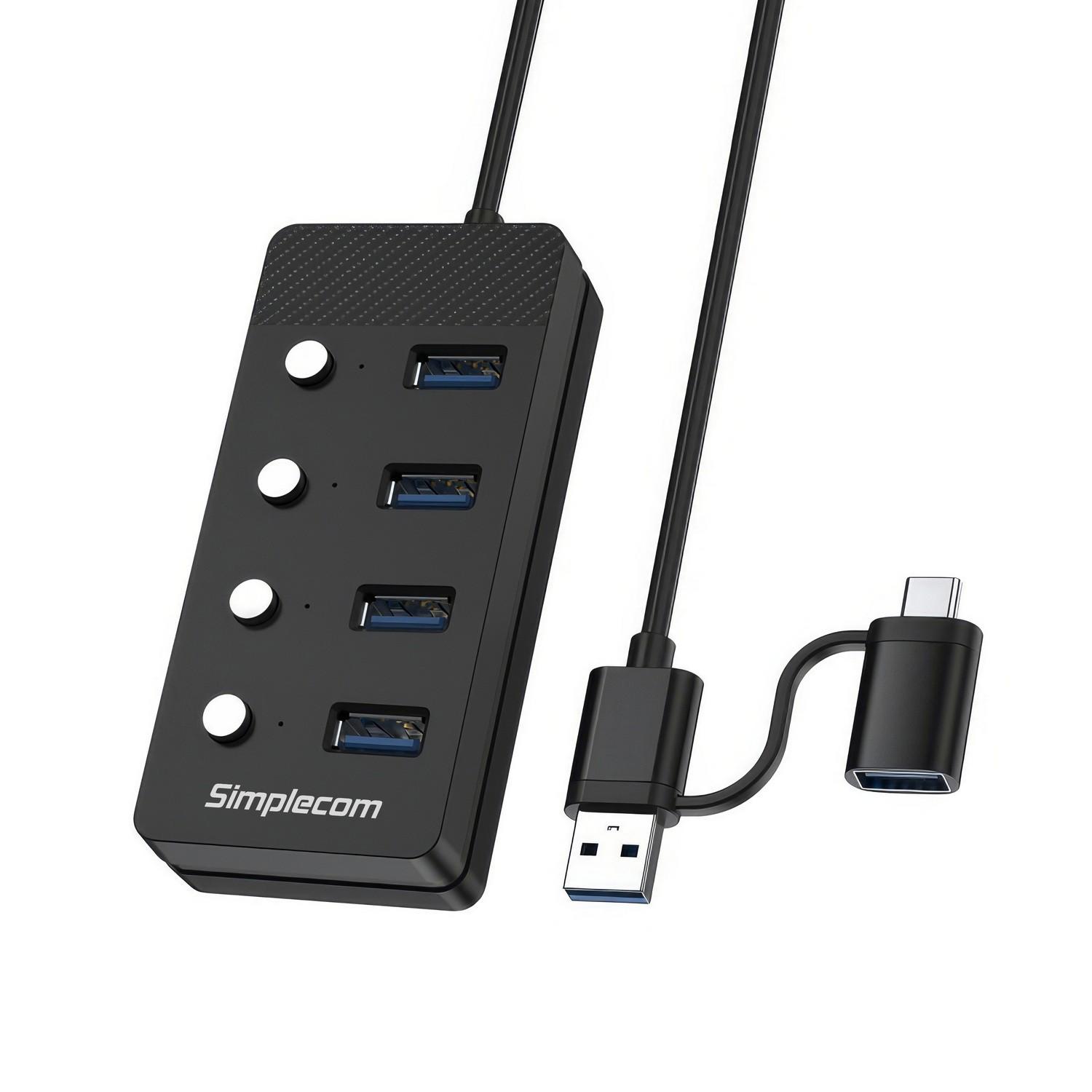 A large main feature product image of Simplecom CH345C 4-Port USB 3.0 Hub with Individual Switches and Power Adapter