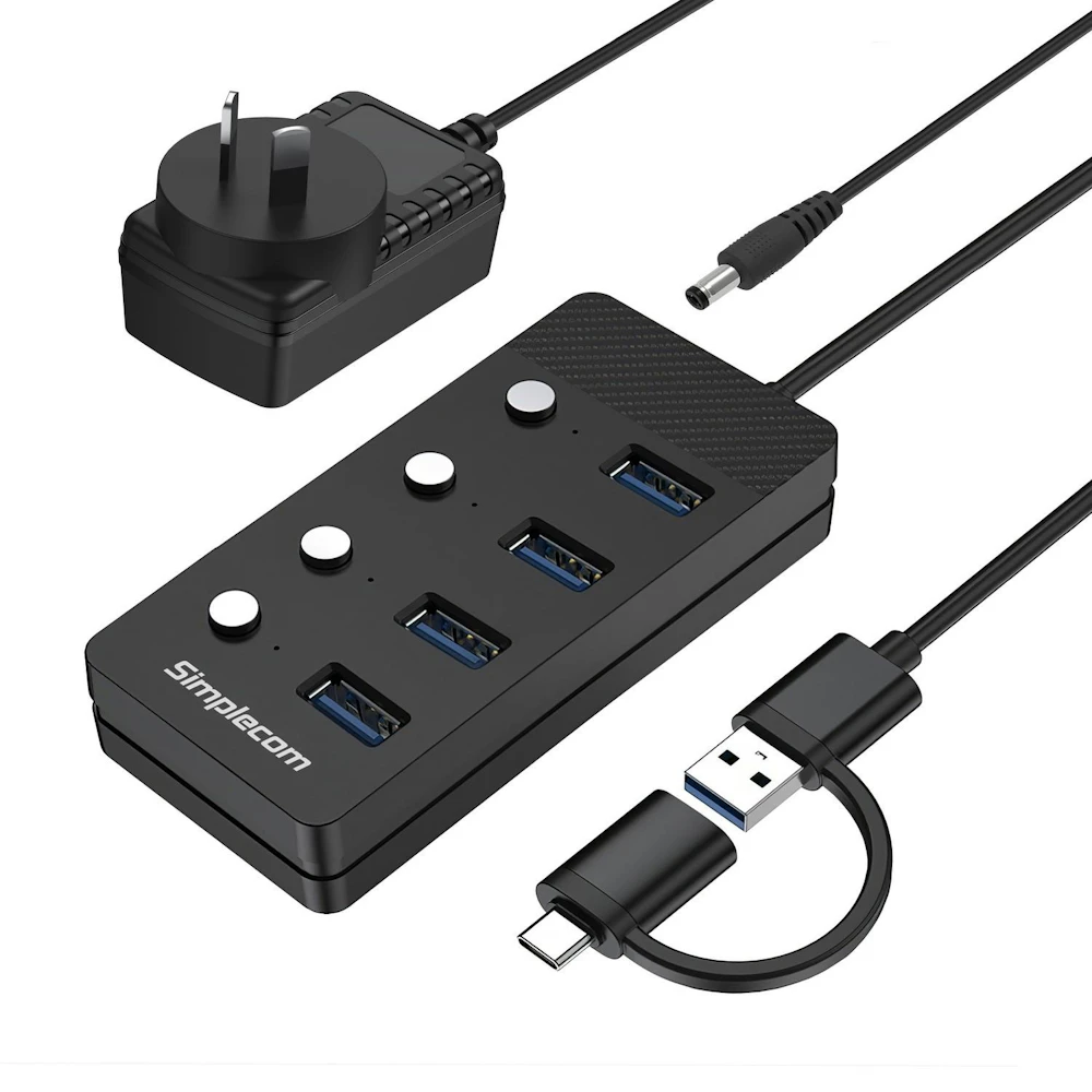 Simplecom CH345C 4-Port USB 3.0 Hub with Individual Switches and Power Adapter