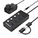 A product image of Simplecom CH345C 4-Port USB 3.0 Hub with Individual Switches and Power Adapter