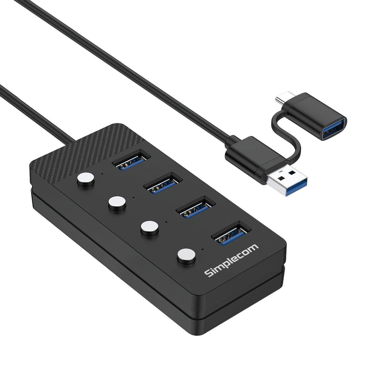 A large main feature product image of Simplecom CH345C 4-Port USB 3.0 Hub with Individual Switches and Power Adapter