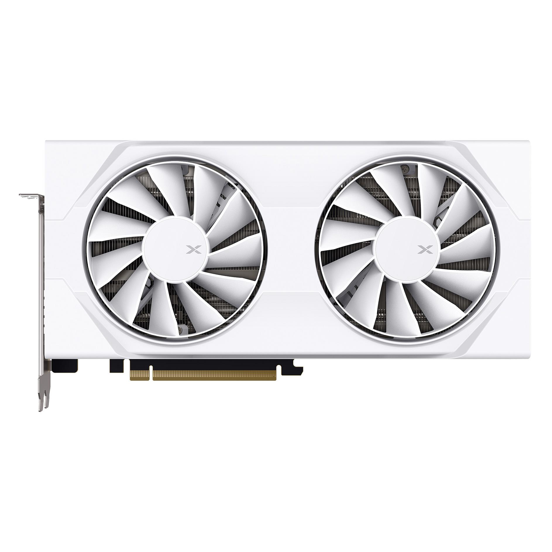 A large main feature product image of XFX Radeon RX 9060 XT Swift OC Dual Fan 16GB GDDR6 - White