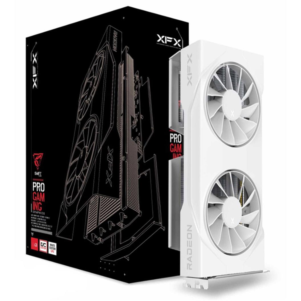 A large main feature product image of XFX Radeon RX 9060 XT Swift OC Dual Fan 16GB GDDR6 - White