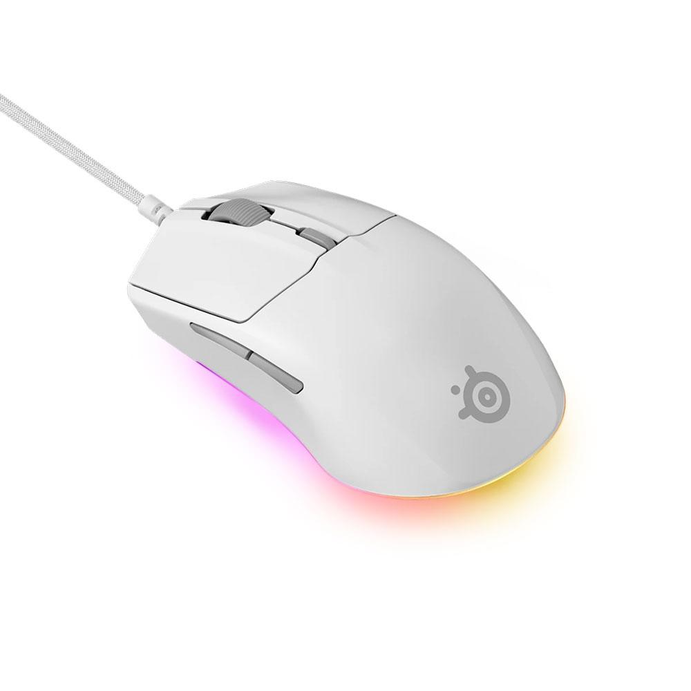 A large main feature product image of SteelSeries Rival 3 Gen 2 Wired Gaming Mouse - White
