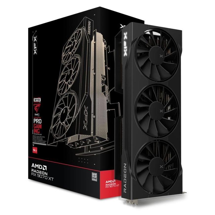 A large main feature product image of XFX Radeon RX 9070 XT Swift 16GB GDDR6 