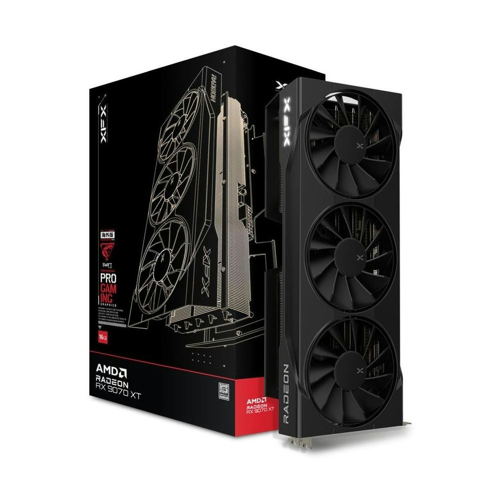 A large main feature product image of XFX Radeon RX 9070 XT Swift 16GB GDDR6