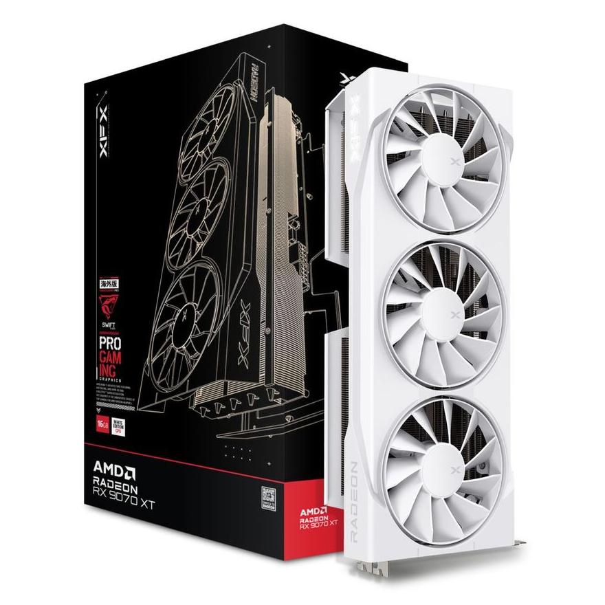 A large main feature product image of XFX Radeon RX 9070 XT Swift 16GB GDDR6 - White