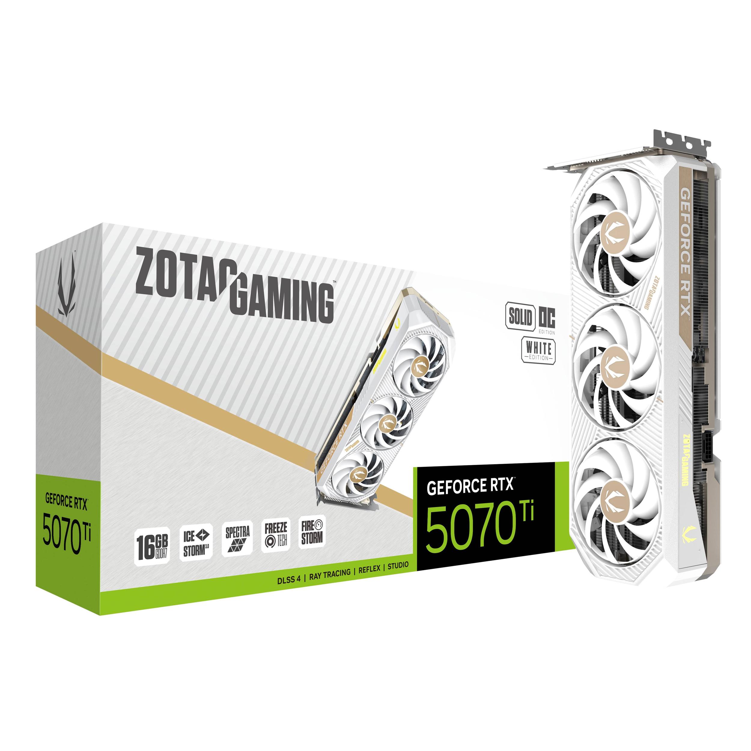 A large main feature product image of ZOTAC Gaming GeForce RTX 5070 Ti Solid Core OC 16GB GDDR7 - White