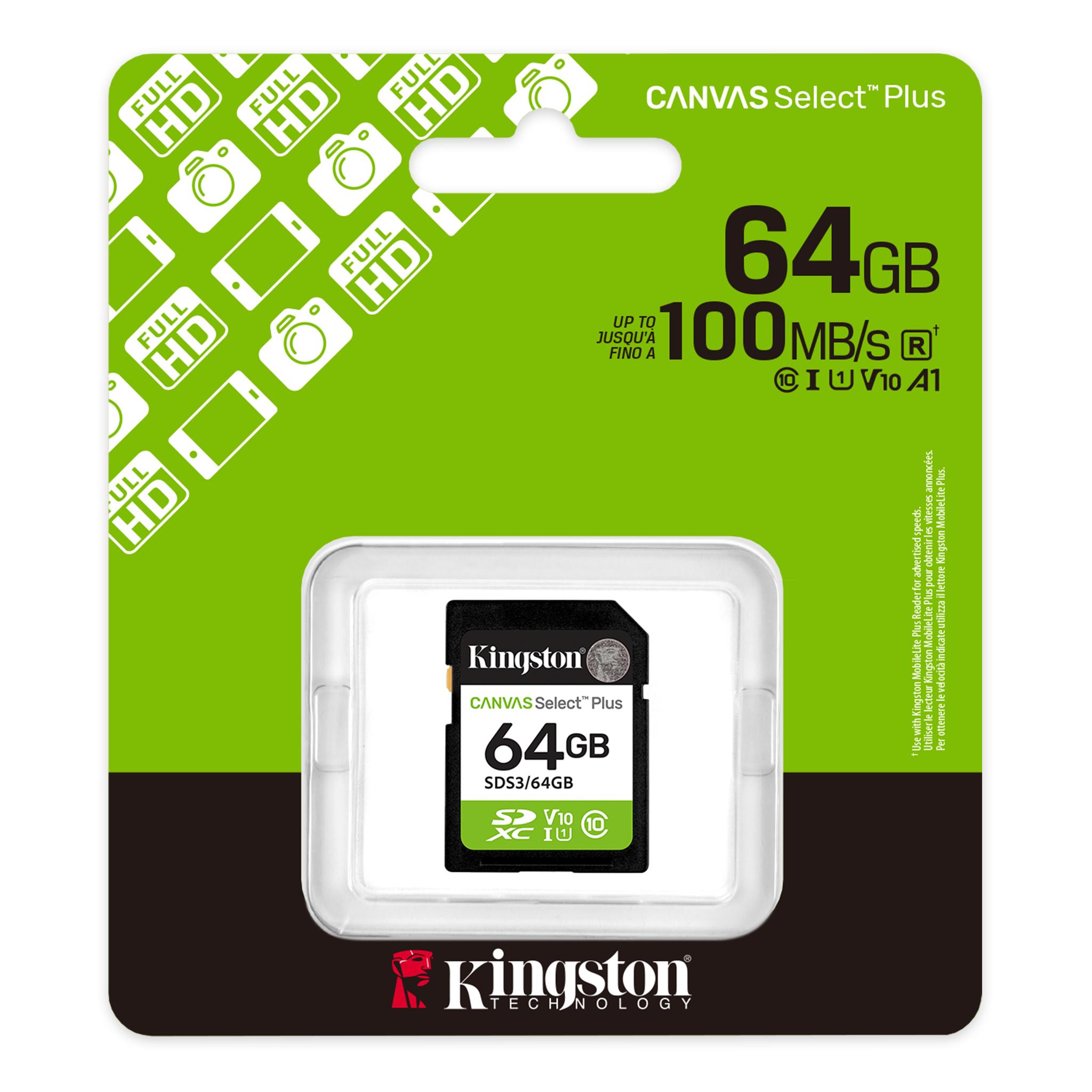 A large main feature product image of Kingston Canvas Select Plus 64GB SDXC U1 V10 UHS-I SD Card