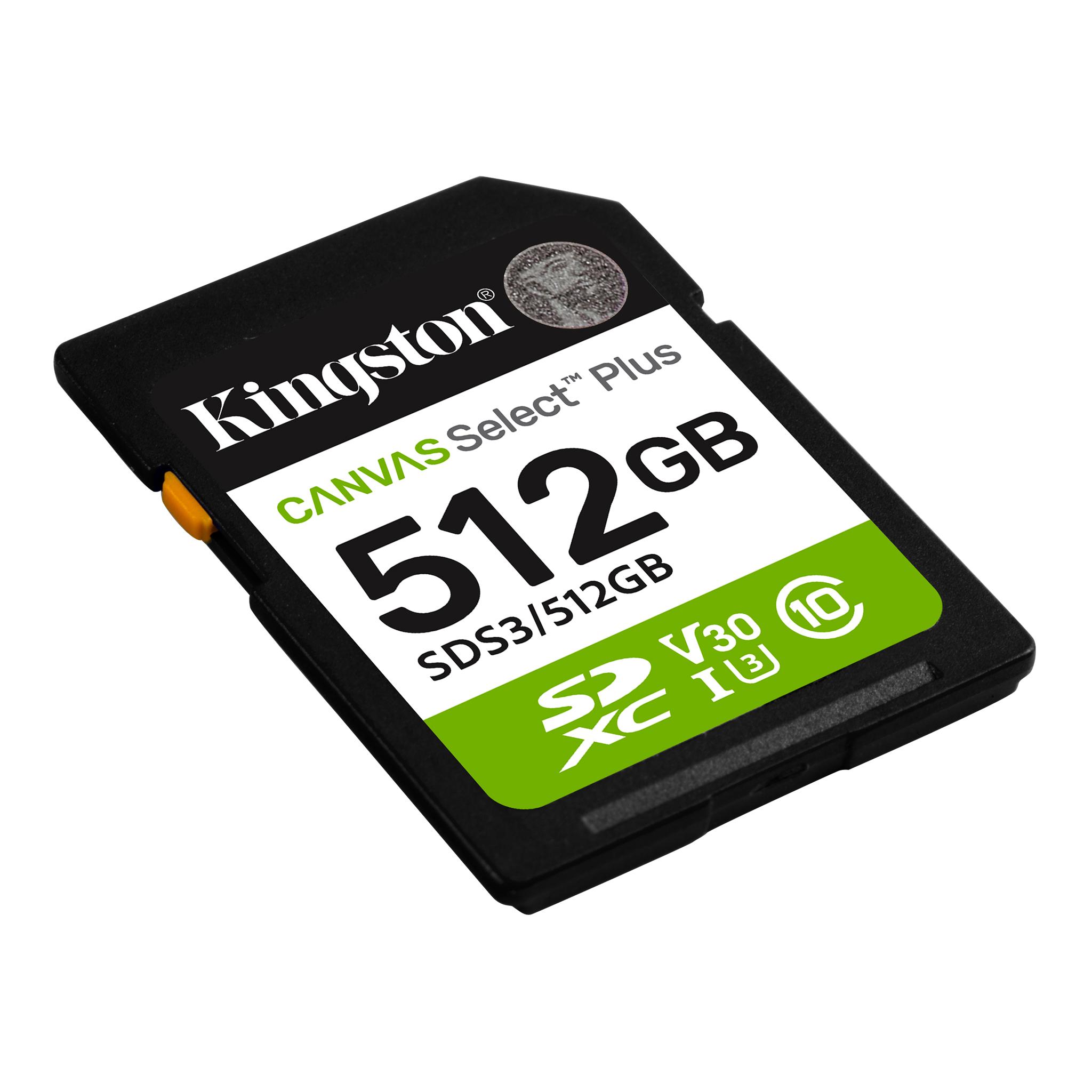 A large main feature product image of Kingston Canvas Select Plus 512GB SDXC U3 V30 UHS-I SD Card