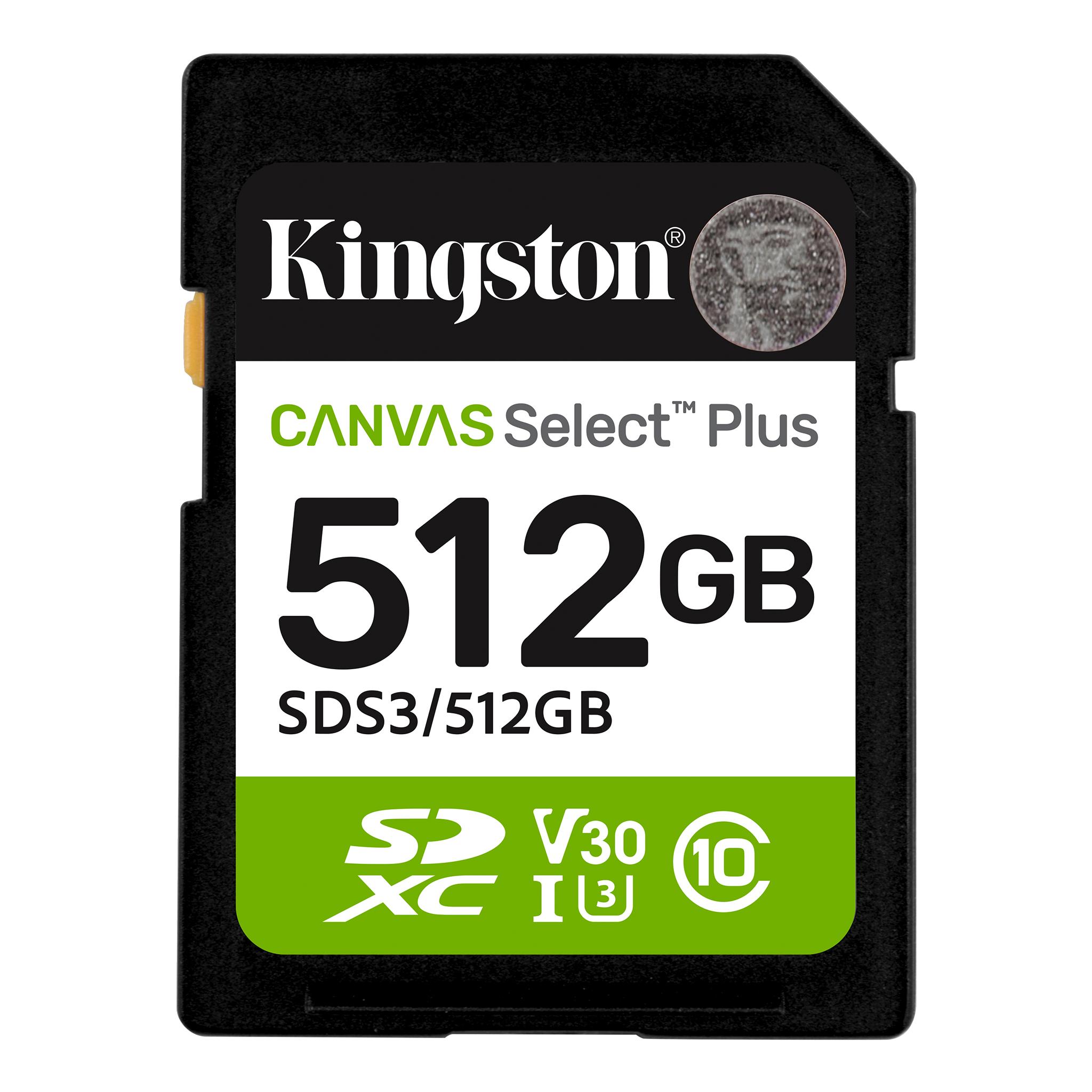 A large main feature product image of Kingston Canvas Select Plus 512GB SDXC U3 V30 UHS-I SD Card