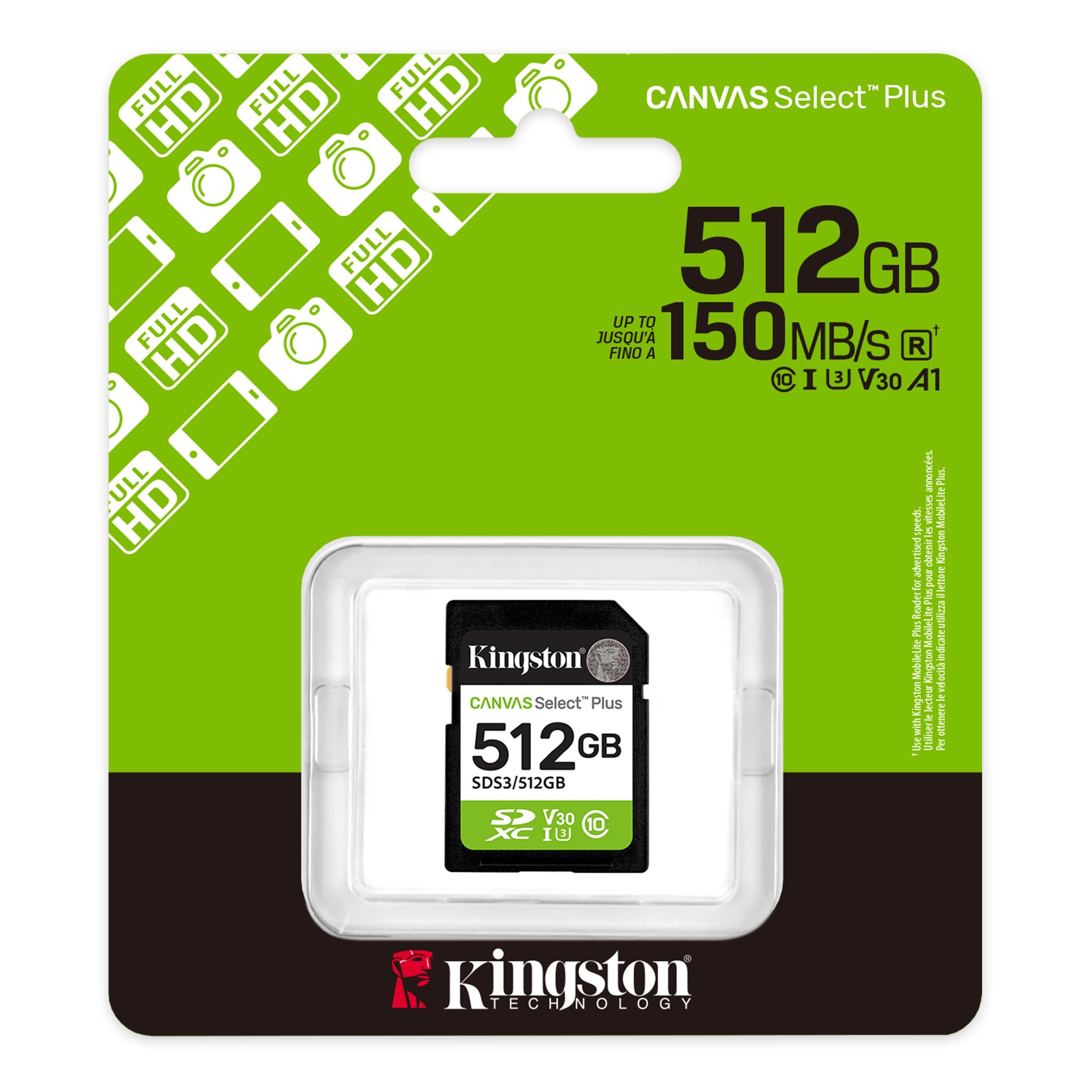 A large main feature product image of Kingston Canvas Select Plus 512GB SDXC U3 V30 UHS-I SD Card