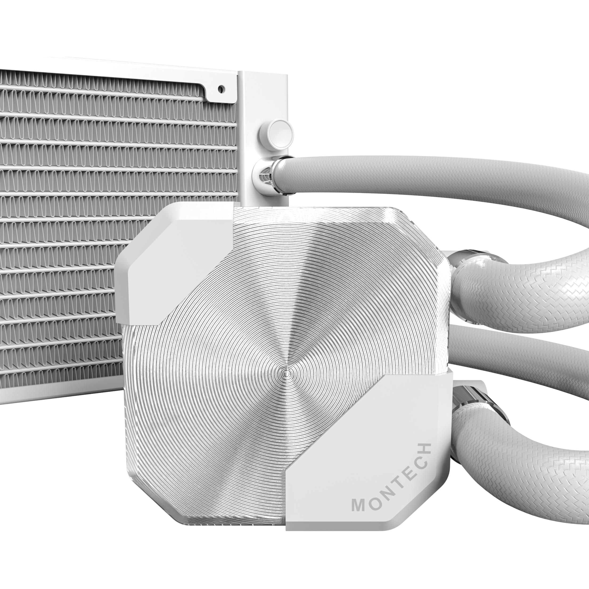 A large main feature product image of Montech HyperFlow Silent 360mm AIO Liquid CPU Cooler (White)