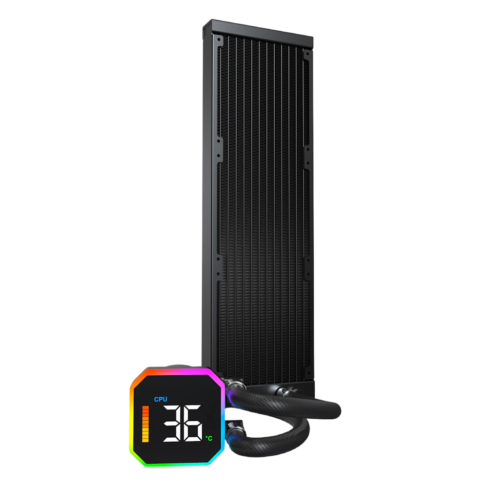 A large main feature product image of Montech HyperFlow Digital ARGB 360mm AIO Liquid CPU Cooler (Black)