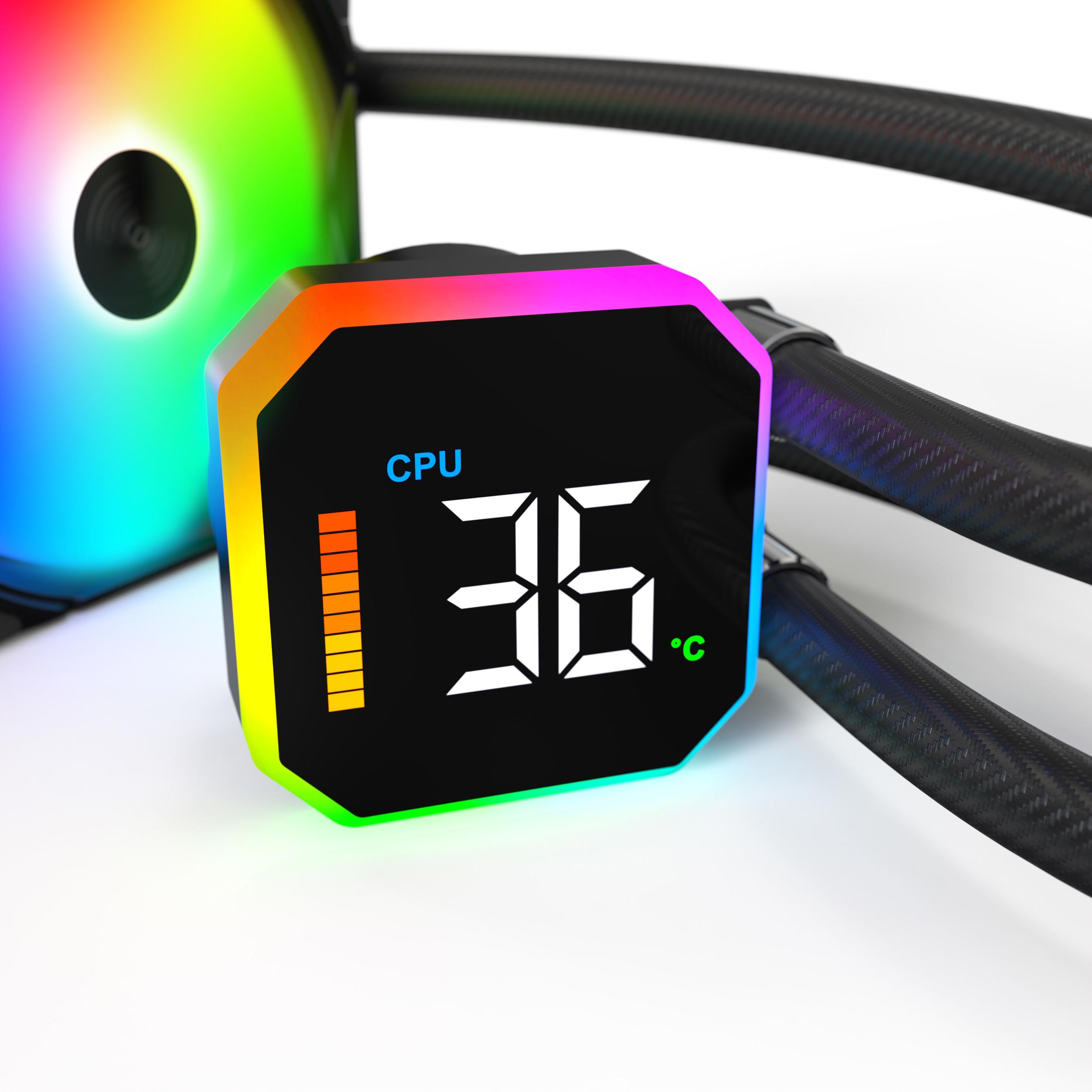 A large main feature product image of Montech HyperFlow Digital ARGB 360mm AIO Liquid CPU Cooler (Black)