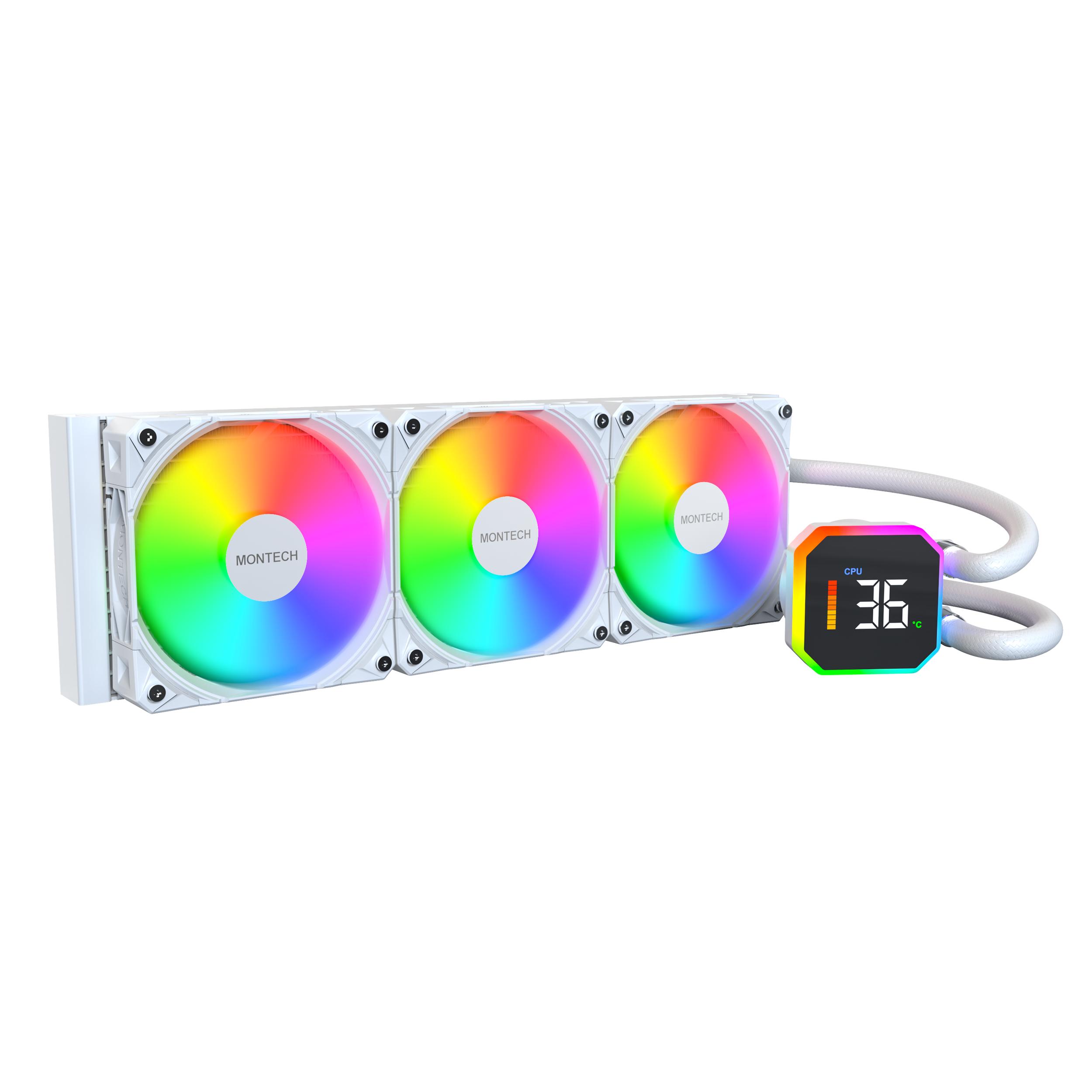 A large main feature product image of Montech HyperFlow Digital ARGB 360mm AIO Liquid CPU Cooler (White)