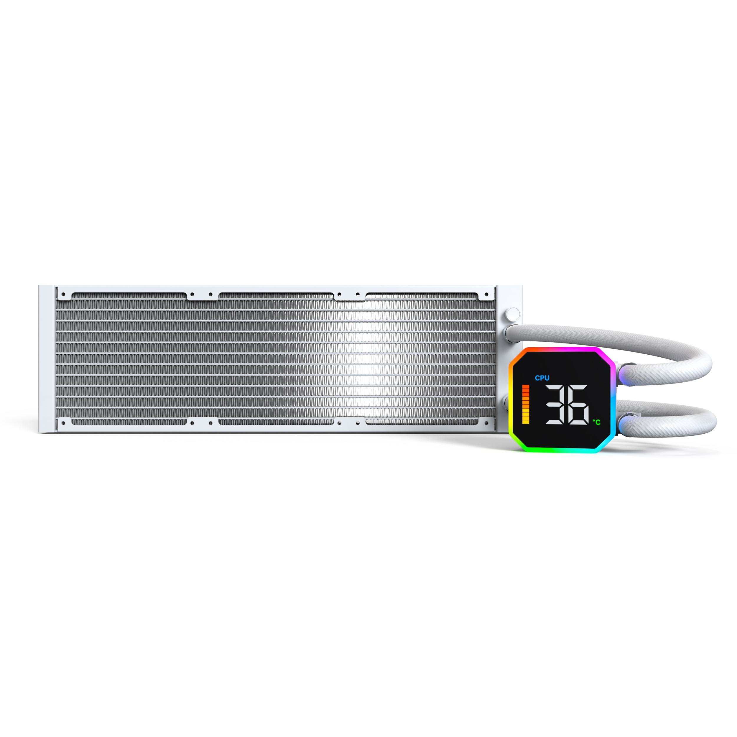 A large main feature product image of Montech HyperFlow Digital ARGB 360mm AIO Liquid CPU Cooler (White)