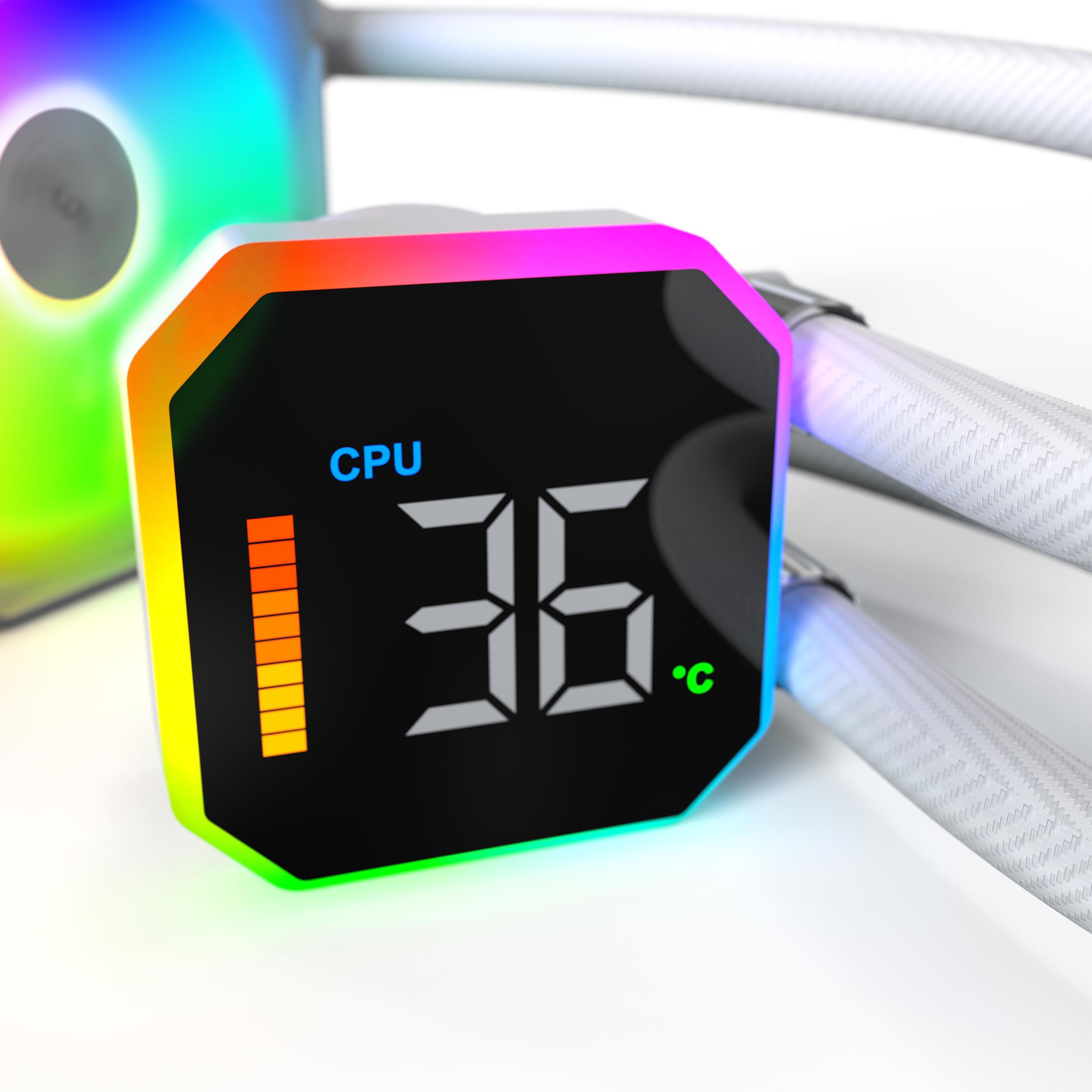 A large main feature product image of Montech HyperFlow Digital ARGB 360mm AIO Liquid CPU Cooler (White)