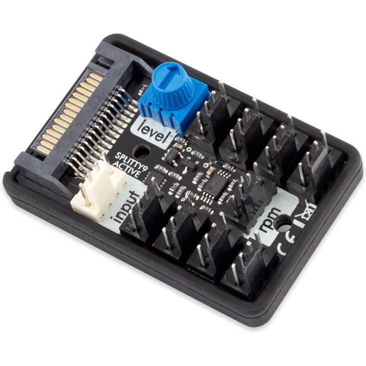 A large main feature product image of Aqua Computer Splitty9 Active - Powered 9-Port PWM Fan Splitter