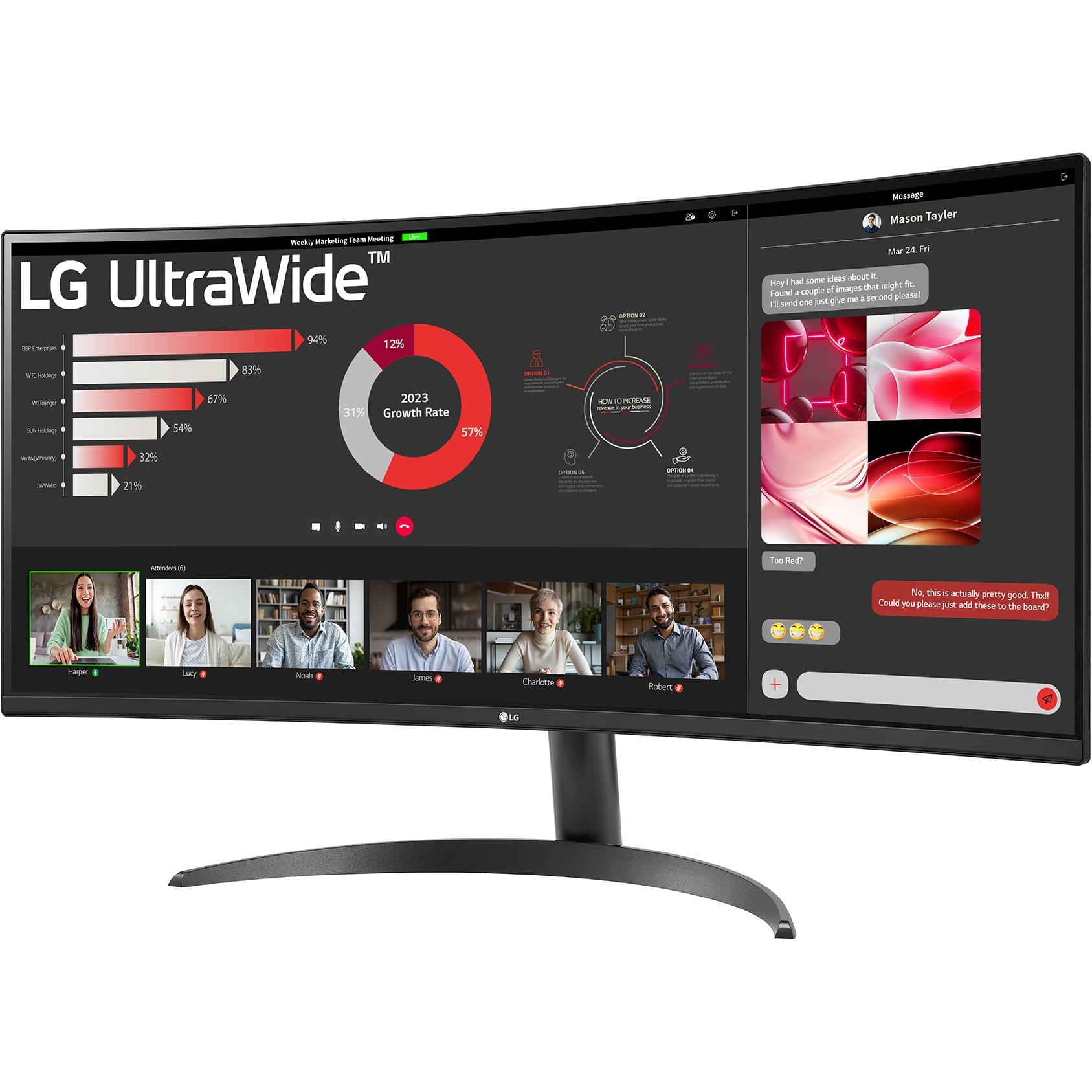 A large main feature product image of LG 34WR50QK-B - 34" Curved 1440p Ultrawide 100Hz VA Monitor