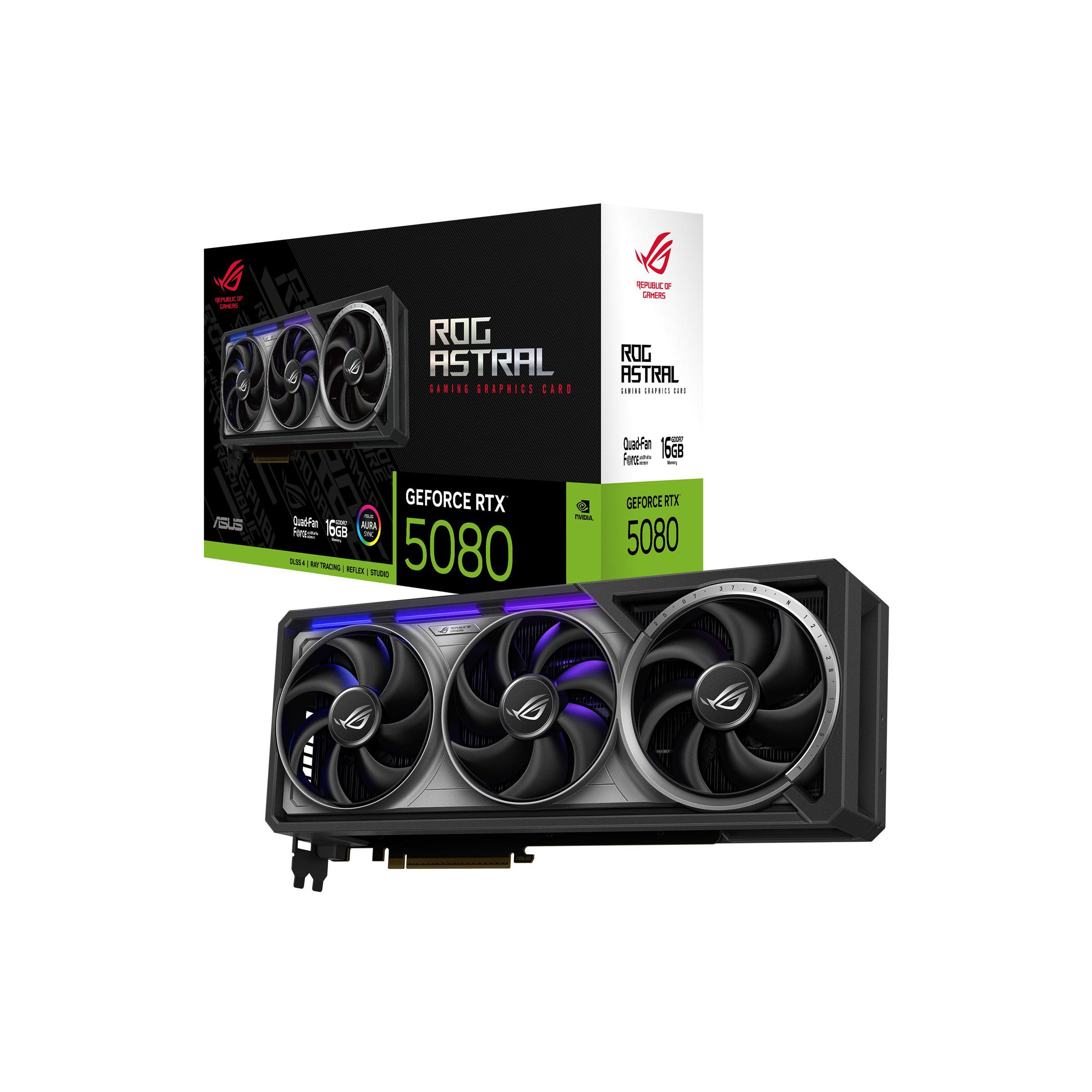 A large main feature product image of ASUS GeForce RTX 5080 ROG Astral 16GB GDDR7