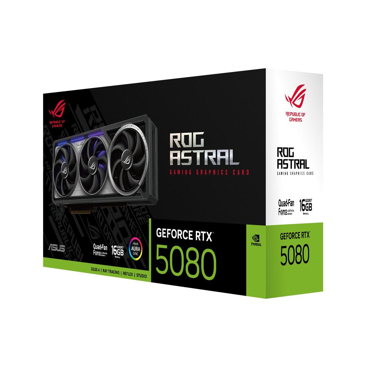 A large main feature product image of ASUS GeForce RTX 5080 ROG Astral 16GB GDDR7