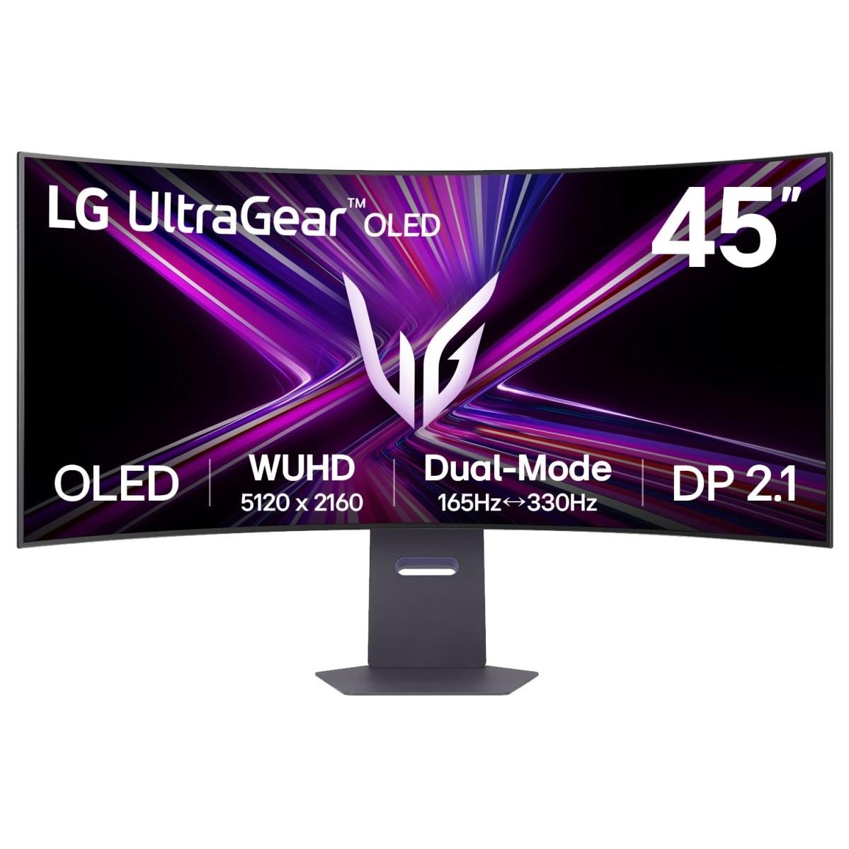 A large main feature product image of LG UltraGear OLED 45GX950A-B - 45" Curved 4K 2160p 165Hz / 1080p 330Hz Dual-Mode 0.03ms OLED Gaming Monitor