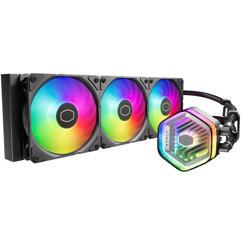 A large main feature product image of Cooler Master MasterLiquid 360mm Atmos II LCD AIO Liquid CPU Cooler