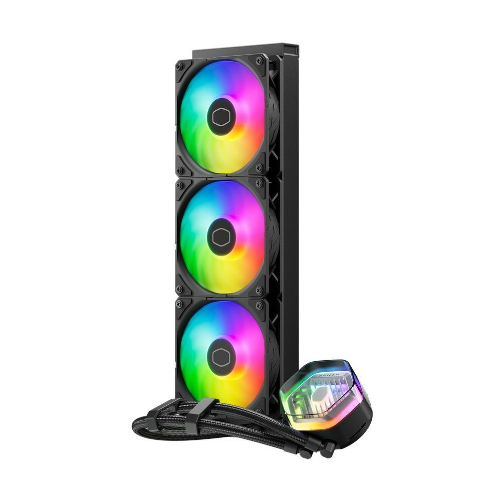 A large main feature product image of Cooler Master MasterLiquid 360mm Atmos II LCD AIO Liquid CPU Cooler