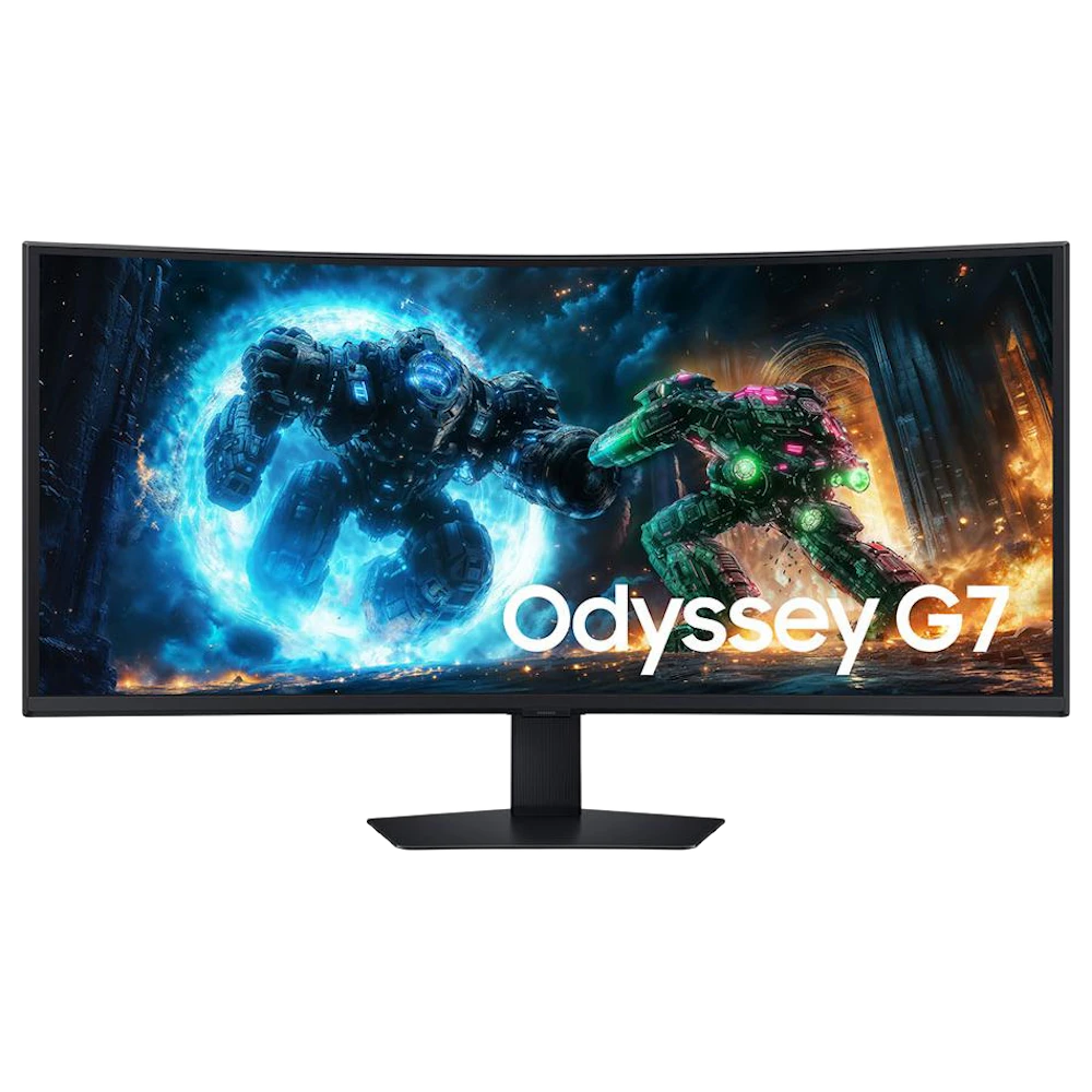 A large main feature product image of Samsung Odyssey G7 G75F - 40" Curved 2160p 180Hz VA Gaming Monitor