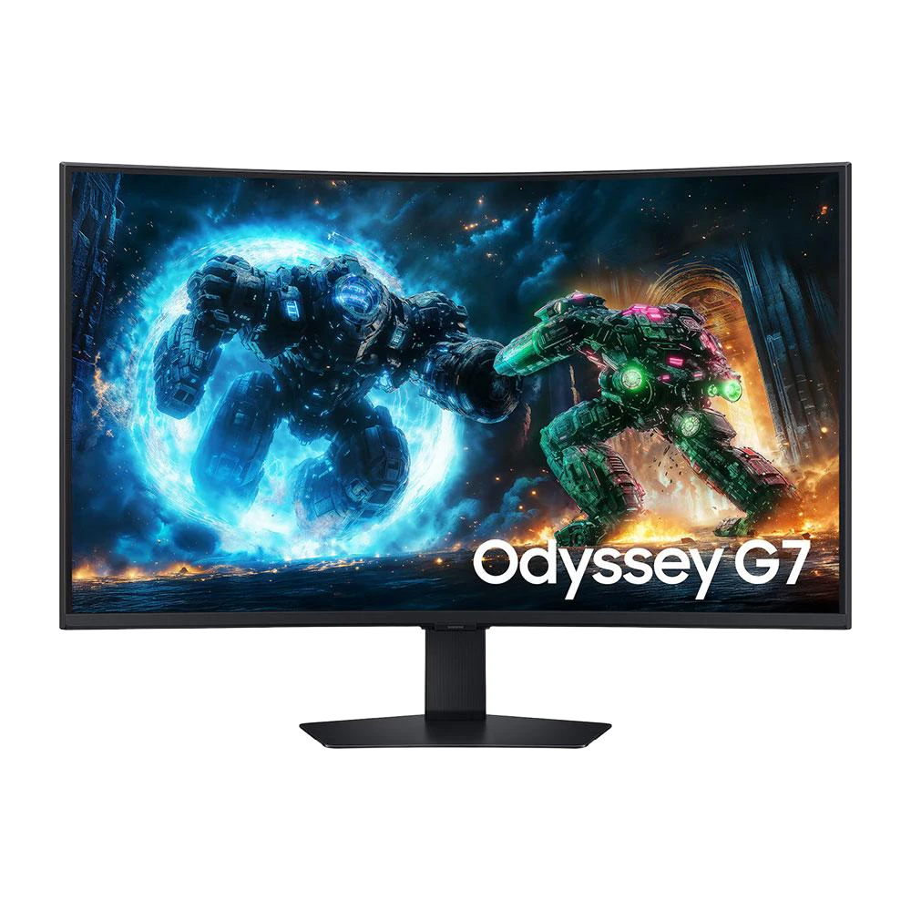 A large main feature product image of Samsung Odyssey G7 G75F - 37" Curved 4K 2160p 165Hz VA Gaming Monitor
