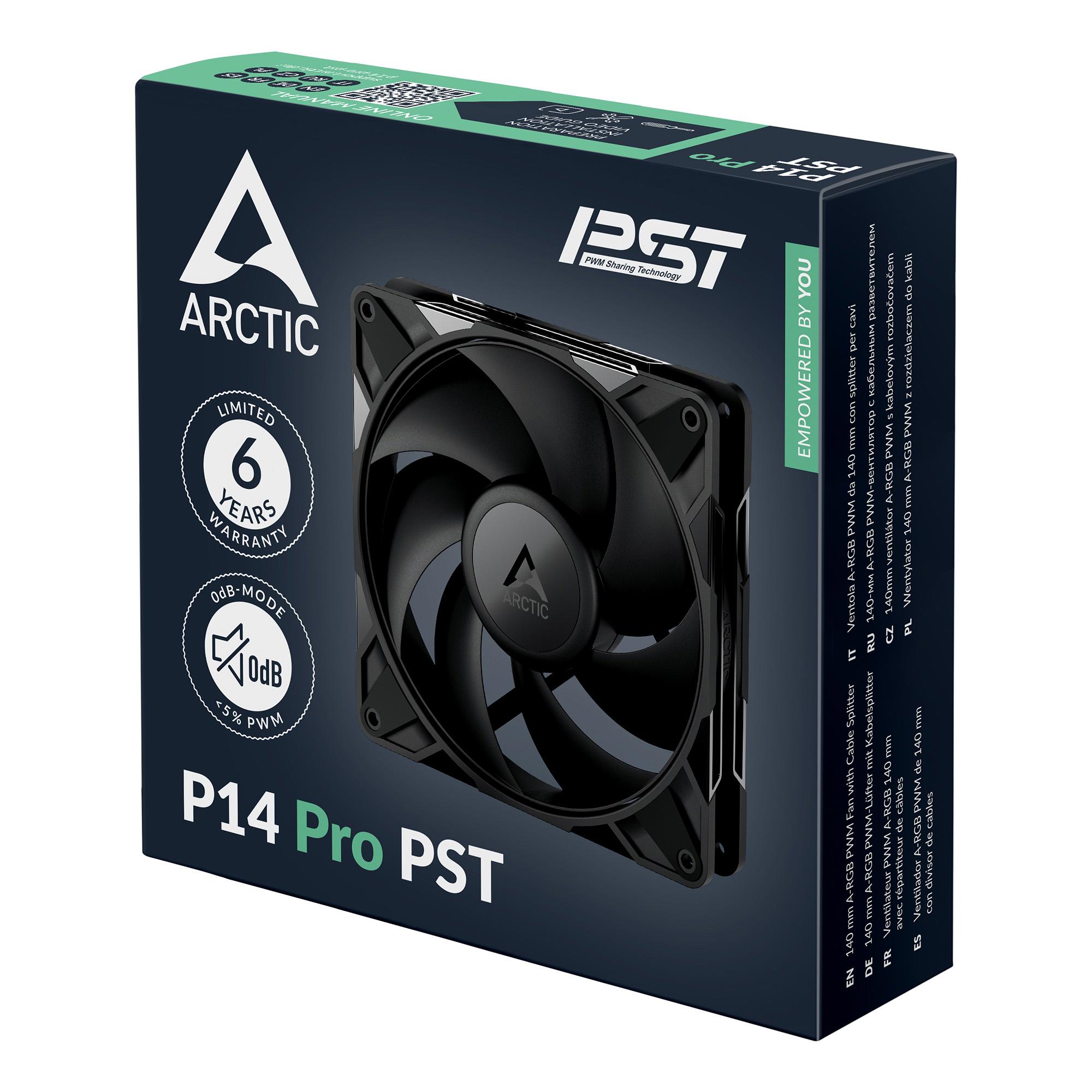 A large main feature product image of ARCTIC P14 Pro PST 140mm Performance PWM Fan (Black)