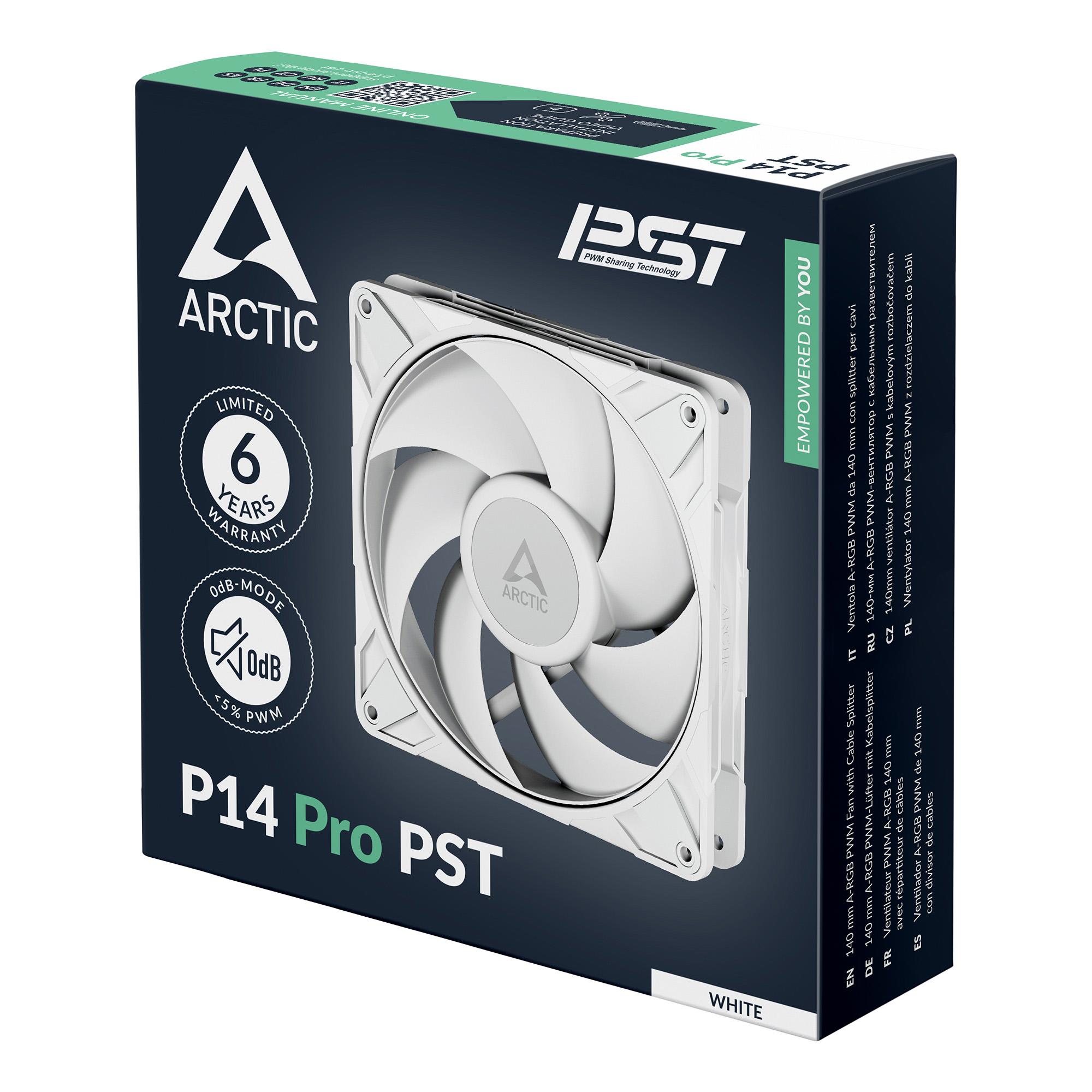 A large main feature product image of ARCTIC P14 Pro PST 140mm Performance PWM Fan (White)
