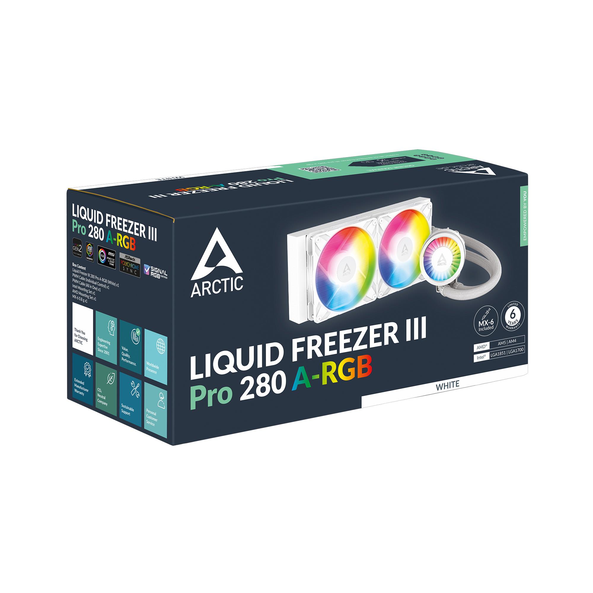 A large main feature product image of ARCTIC Liquid Freezer III Pro 280mm ARGB AIO Liquid CPU Cooler (White)