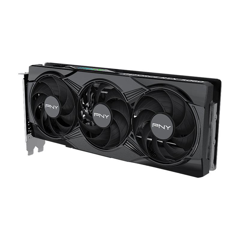 A large main feature product image of PNY GeForce RTX 5060 ARGB OC Triple Fan 8GB GDDR7