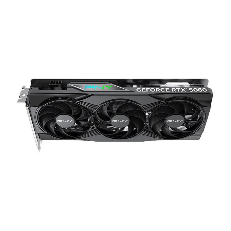 A large main feature product image of PNY GeForce RTX 5060 ARGB OC Triple Fan 8GB GDDR7