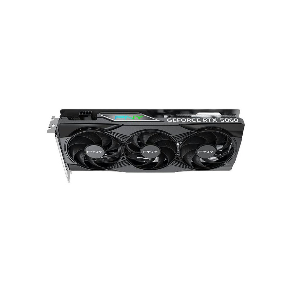 A large main feature product image of PNY GeForce RTX 5060 ARGB OC Triple Fan 8GB GDDR7