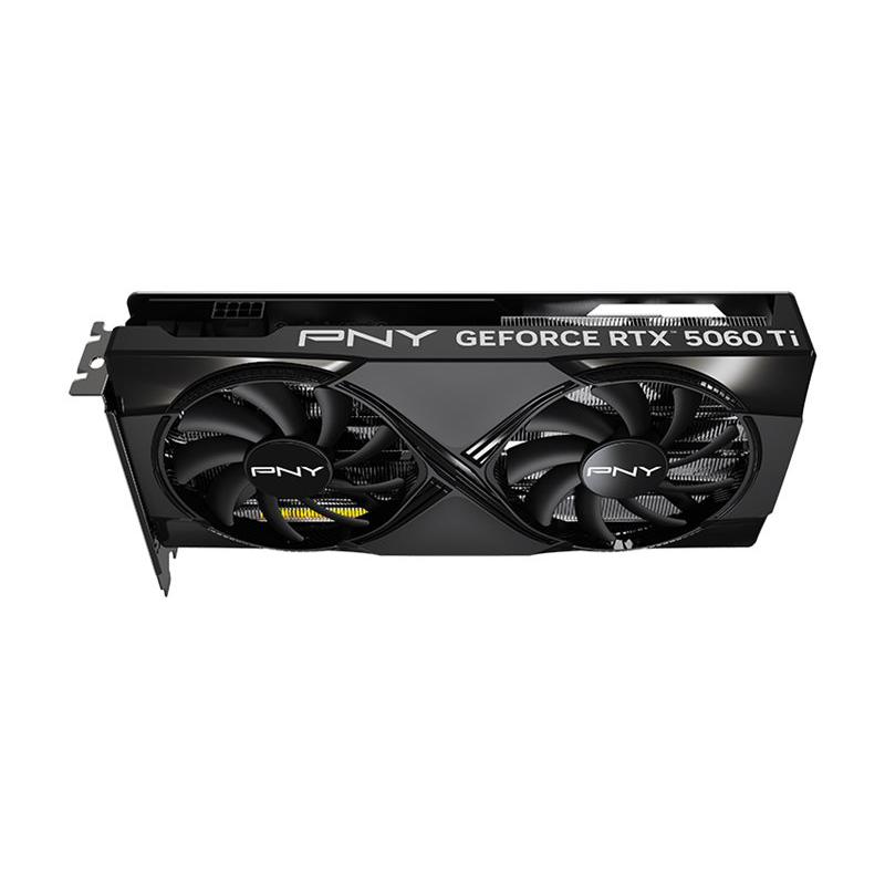 A large main feature product image of PNY GeForce RTX 5060 Ti Dual OC 16GB GDDR7