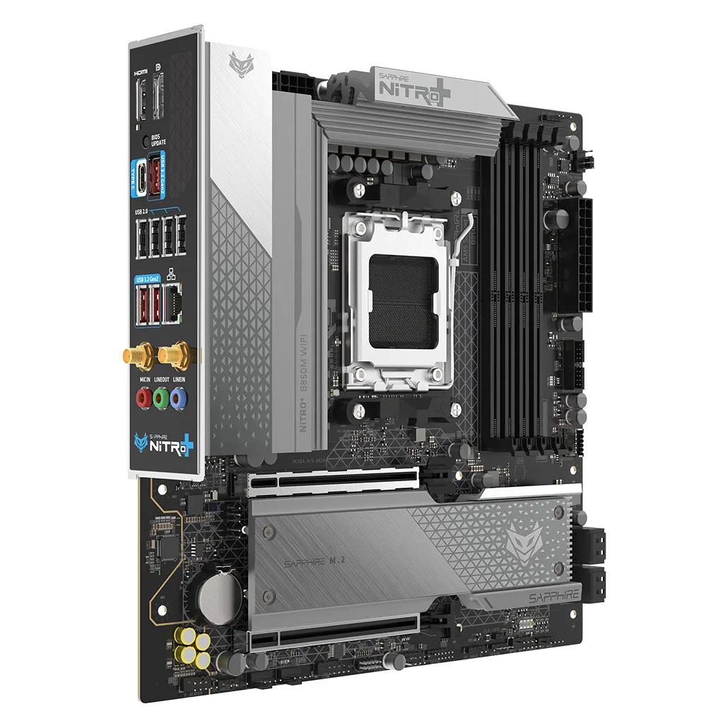 A large main feature product image of SAPPHIRE NITRO+ B850M WiFi AM5 mATX Desktop Motherboard