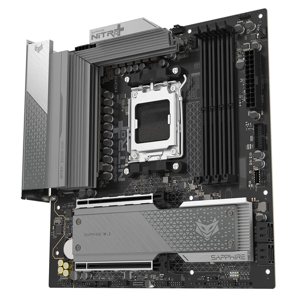 A large main feature product image of SAPPHIRE NITRO+ B850M WiFi AM5 mATX Desktop Motherboard