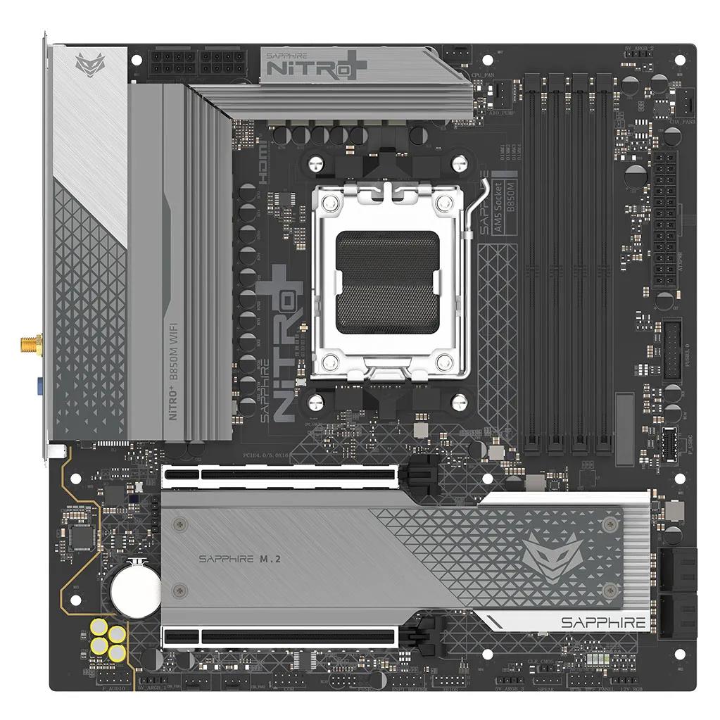 A large main feature product image of SAPPHIRE NITRO+ B850M WiFi AM5 mATX Desktop Motherboard