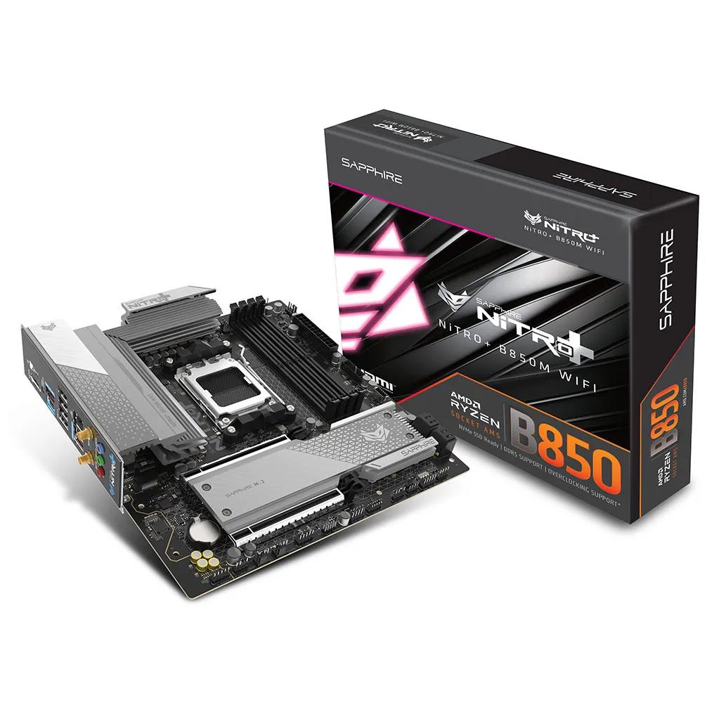 A large main feature product image of SAPPHIRE NITRO+ B850M WiFi AM5 mATX Desktop Motherboard