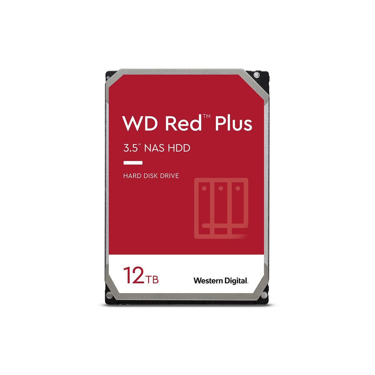 A large main feature product image of WD Red Plus 3.5" NAS HDD - 12TB 512MB