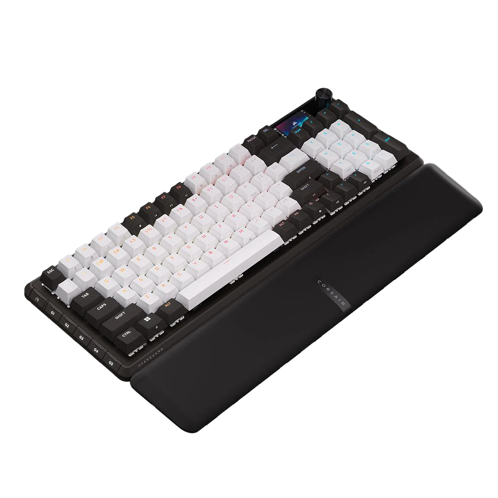 A large main feature product image of Corsair VANGUARD 96 MLX RGB Mechanical Gaming Keyboard - Black/White (MLX Pulse)